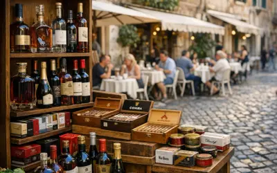 Butelki alkoholu i cygara na straganie na tle kawiarni z ludźmi przy stolikach.