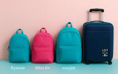 Cztery bagaże: dwa turkusowe plecaki, jeden różowy plecak i granatowa walizka.