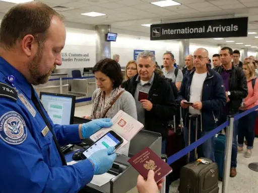 Funkcjonariusz TSA sprawdza paszporty i telefon w kolejce do kontroli granicznej.