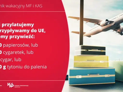 Samolot i walizki przy oknie, tekst o limitach tytoniu.