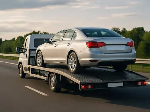 Srebrny samochód osobowy transportowany na lawecie po autostradzie.