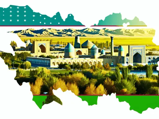 Mapa Uzbekistanu z widokiem na zabytkowe budowle i krajobraz.