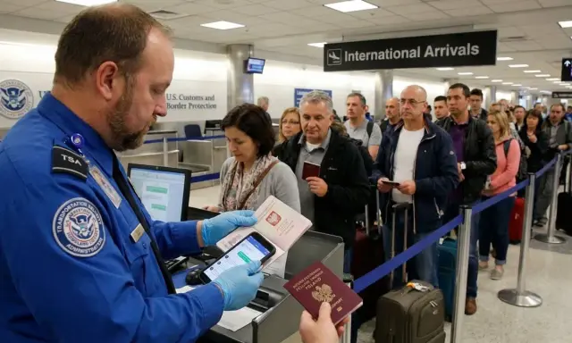 Funkcjonariusz TSA sprawdza paszporty i telefon w kolejce do kontroli granicznej.