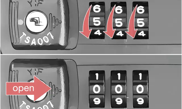 Zbliżenie na zamek szyfrowy walizki TSA. Górny panel pokazuje cyfry 6, 5, 4 z czerwonymi strzałkami. Dolny panel pokazuje cyfry 1, 0, 9 z napisem "open".