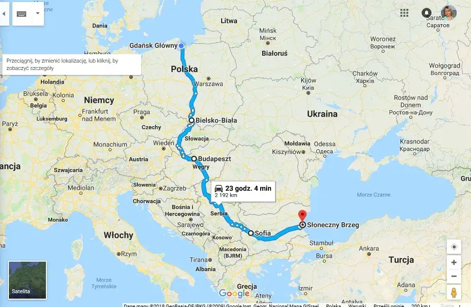 mapa Europy z zaznaczoną trasą samochodem do Bułgarii