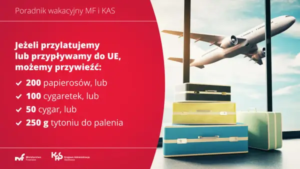 Samolot i walizki przy oknie, tekst o limitach tytoniu.