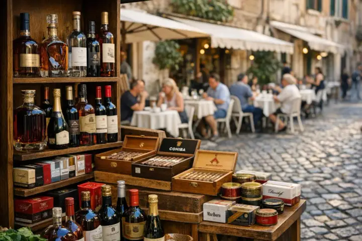 Butelki alkoholu i cygara na straganie na tle kawiarni z ludźmi przy stolikach.